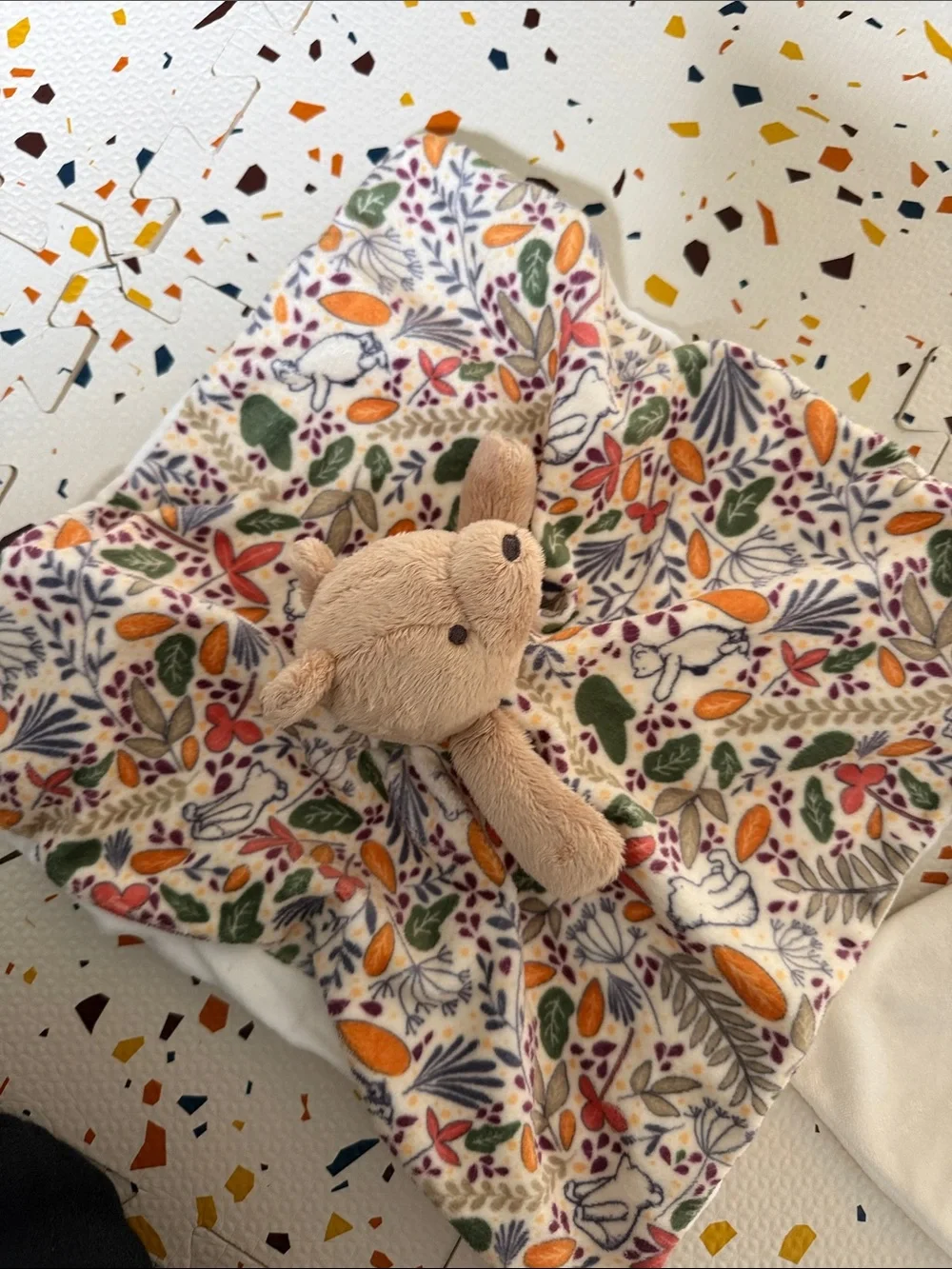 Disney Plush Bear Lovey Blanket in Cream with Multicolor Leaf Print